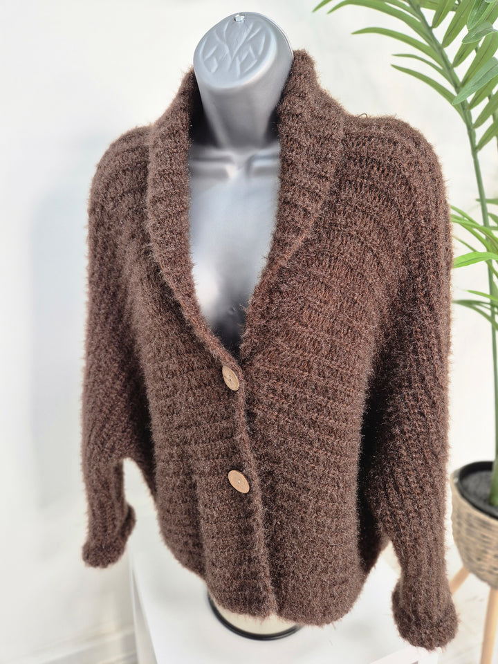 Finley Fluffy Cardigan  - Chocolate (One Size - fits up to Size 14/16)