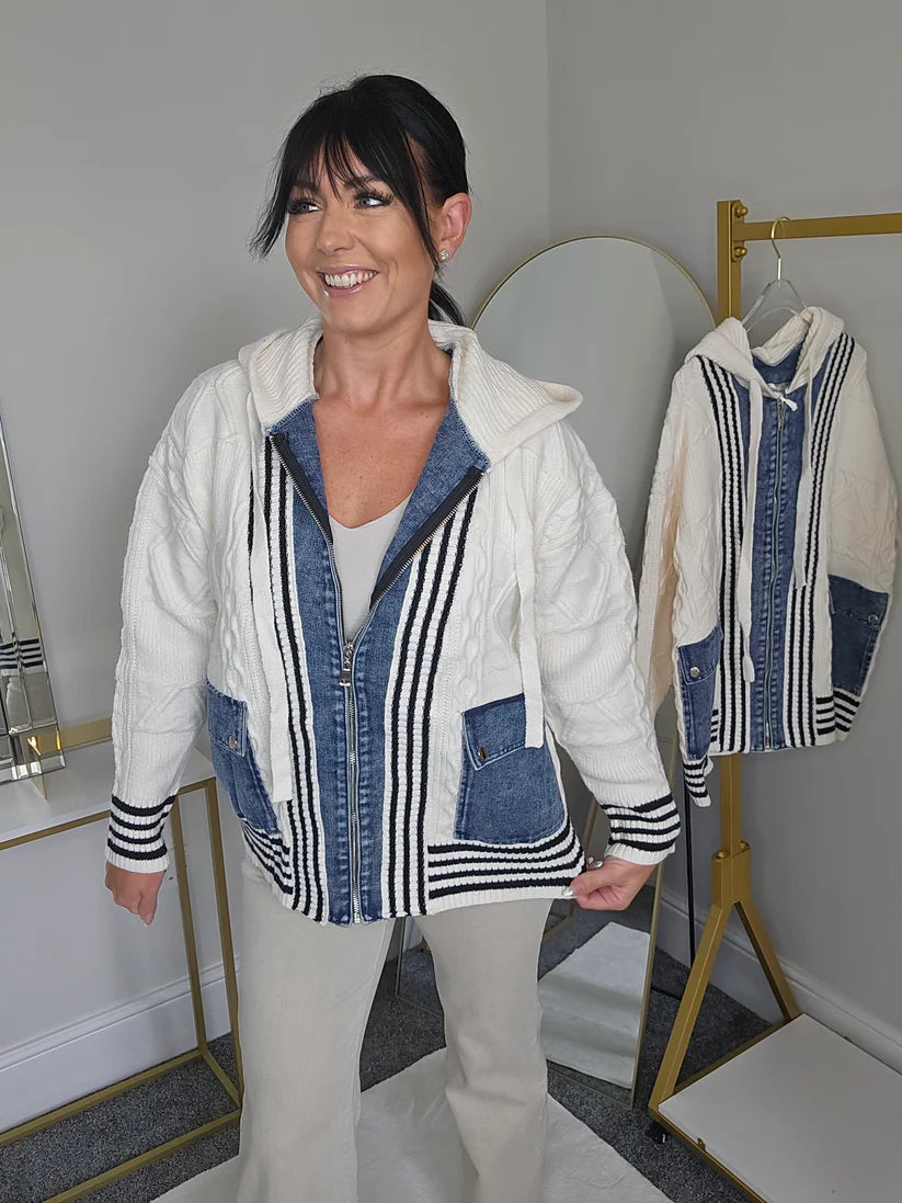 Callie Cable Hoodie with Denim - One Size - fits from Size 12 up to Size 18