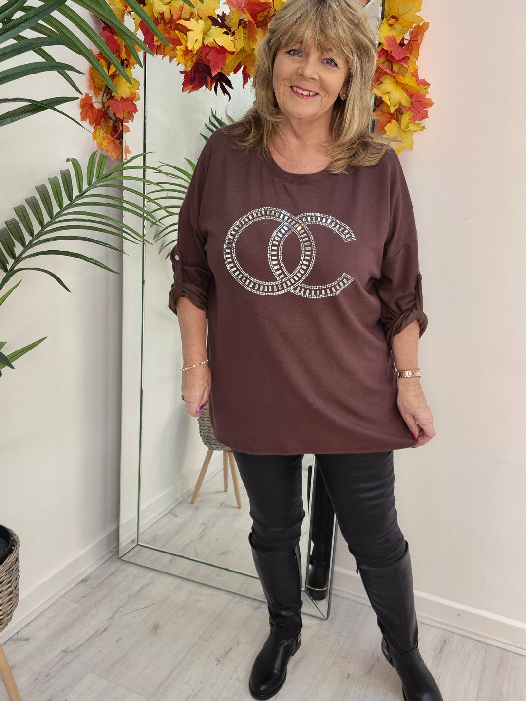 Coco Crystal & Diamante Oversized Hi Low Tops - Chocolate (fits from Size 14 up to Size 18/20)