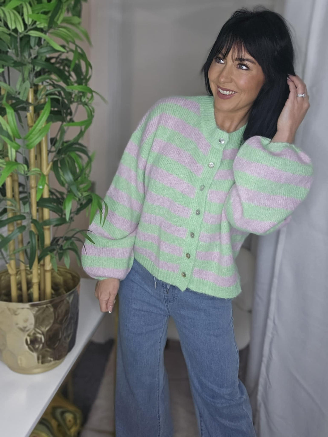 Amelia Striped Cosy Cardigan (One Size from Size 8 up to Size 16) - Lime/Pink