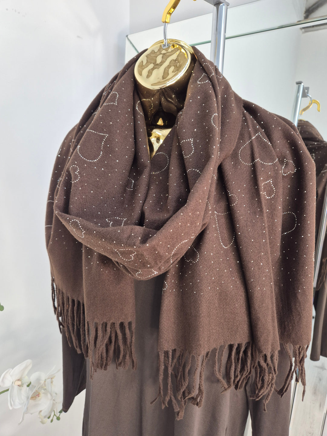 Sparkly Hearts Oversized Fringed Scarf - Chocolate