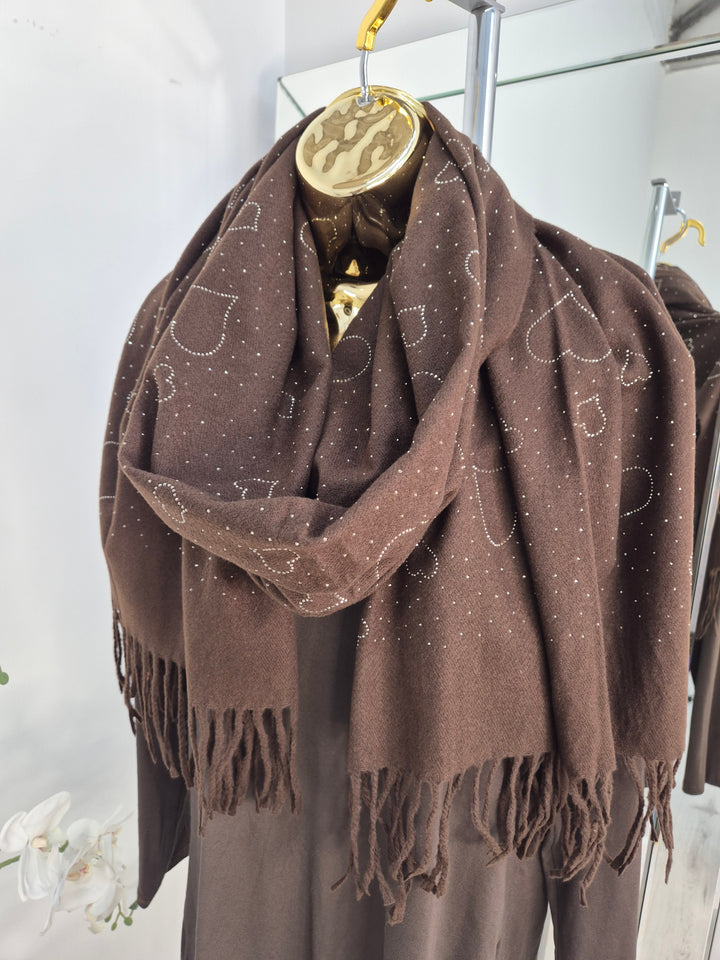 Sparkly Hearts Oversized Fringed Scarf - Chocolate