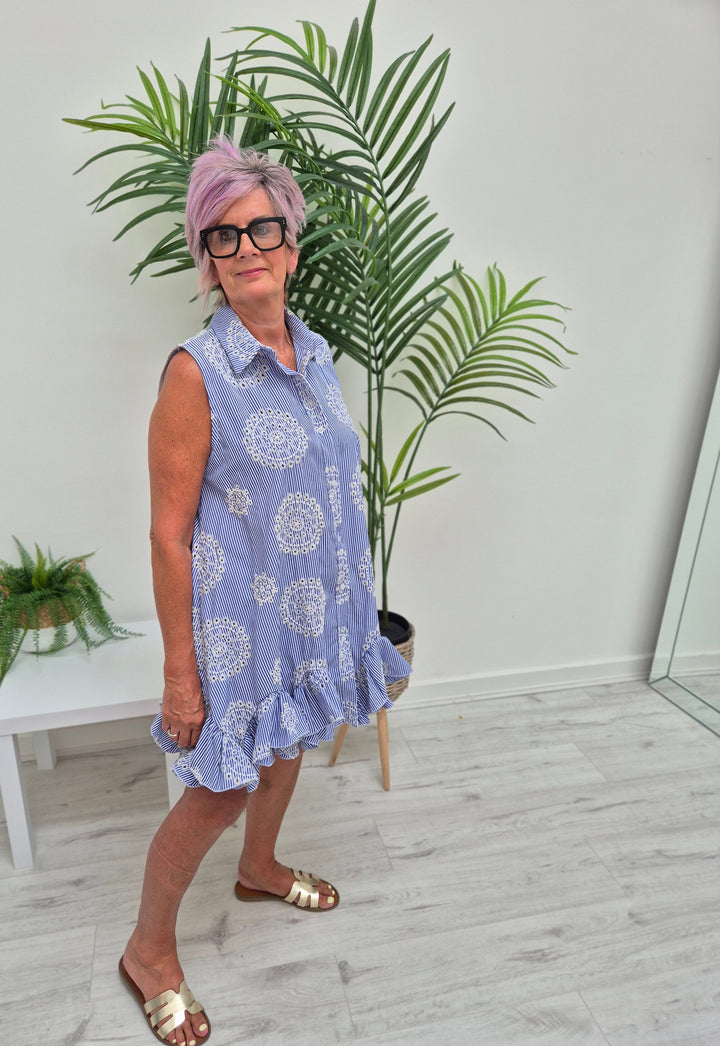 Seville Sleeveless Frilled Hem Dress - (One Size, fitting up to Size 16) - Mid Blue Broderie Anglaise