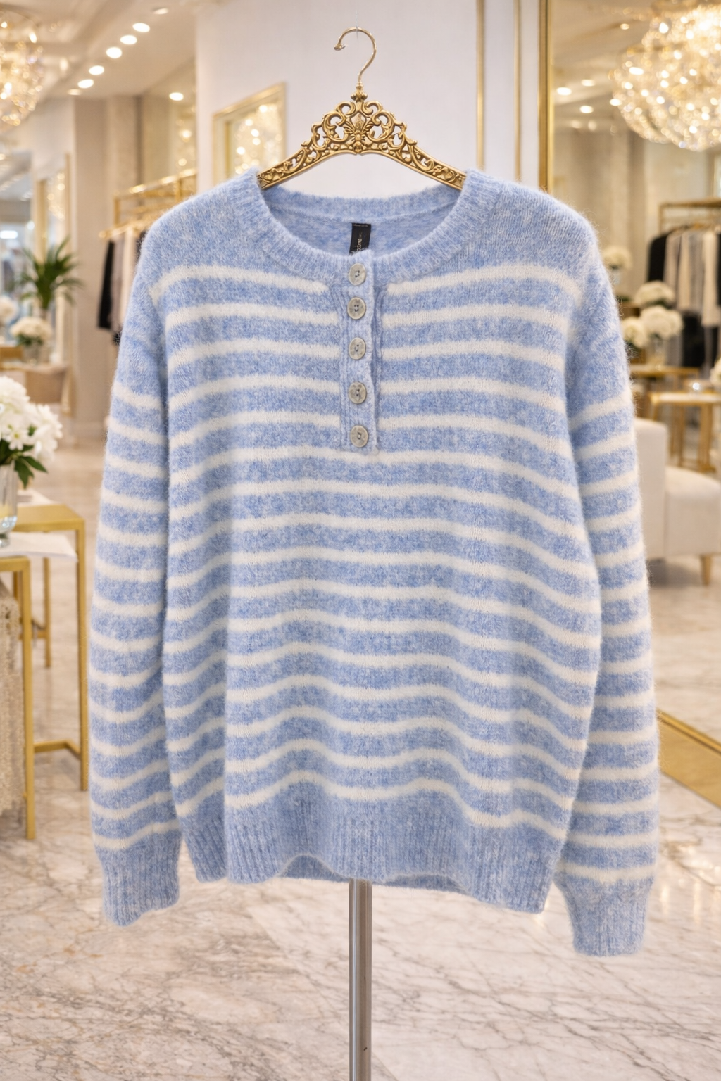 Candy Stripe Super Soft Button Jumper - Blue/White (One Size - fitting from Size 10 to Size 16)