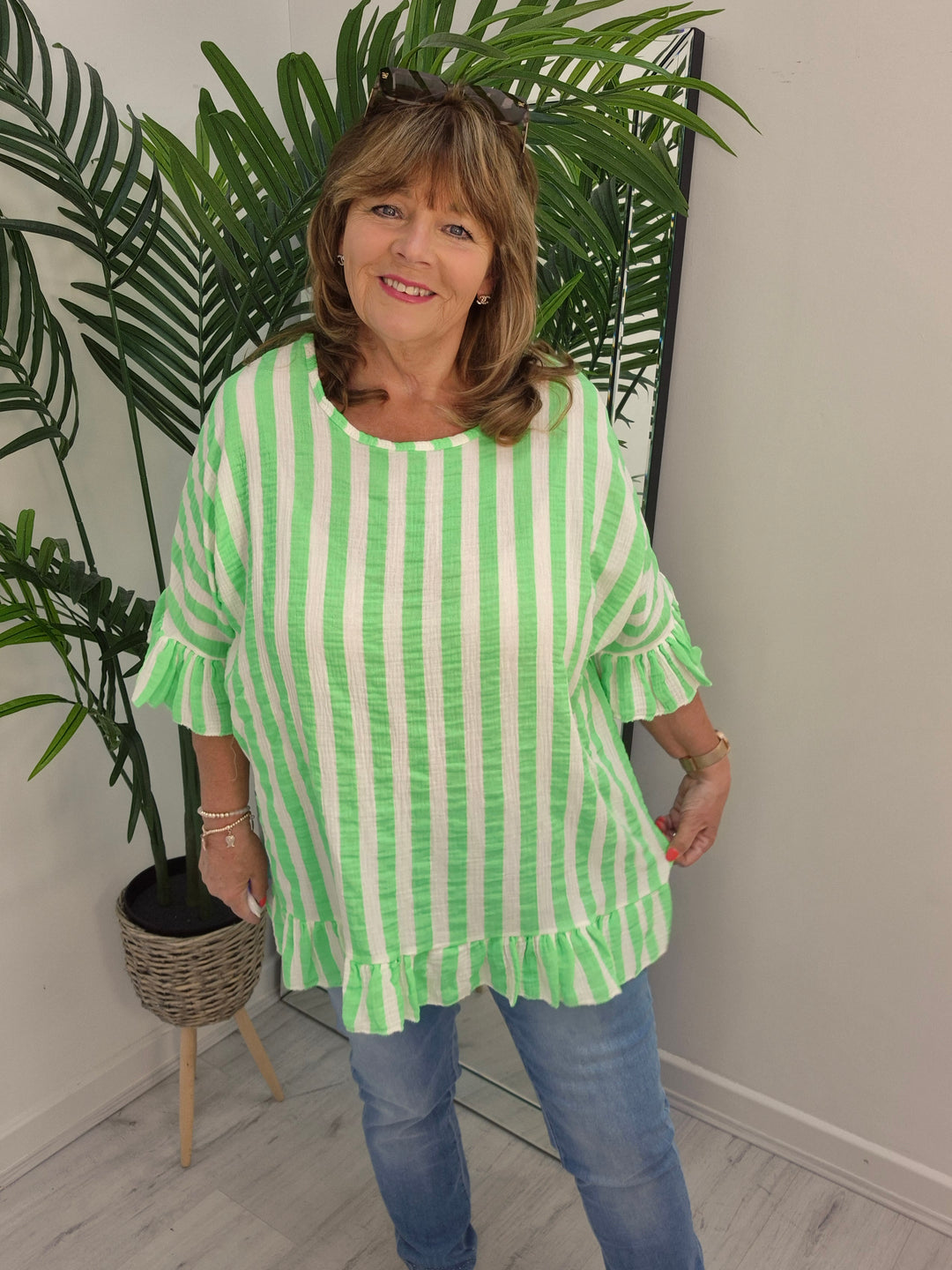 Candy Striped Top with Frilled Sleeves - (choose your Colour) - (Oversized)