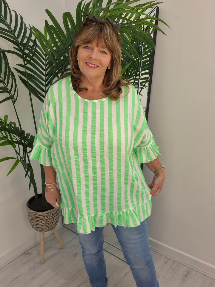 Candy Striped Top with Frilled Sleeves - (choose your Colour) - (Oversized)