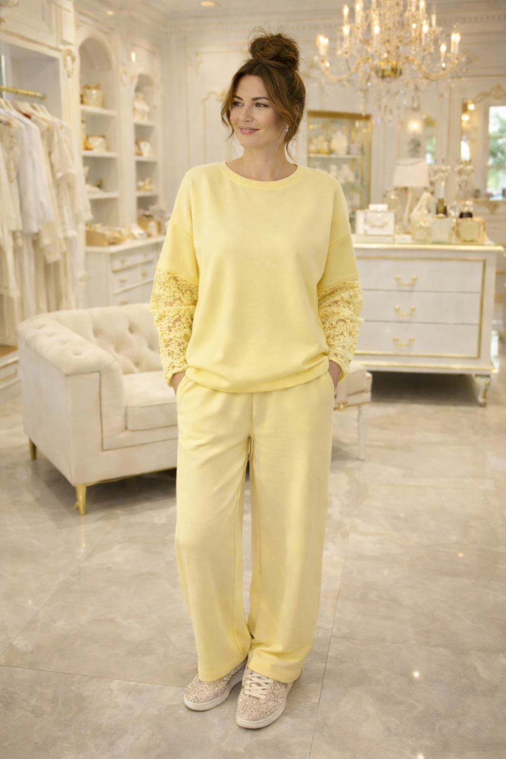 Lace Sleeve Co-ord Two Piece Set - Lemon (One Size fitting up to Size 16)