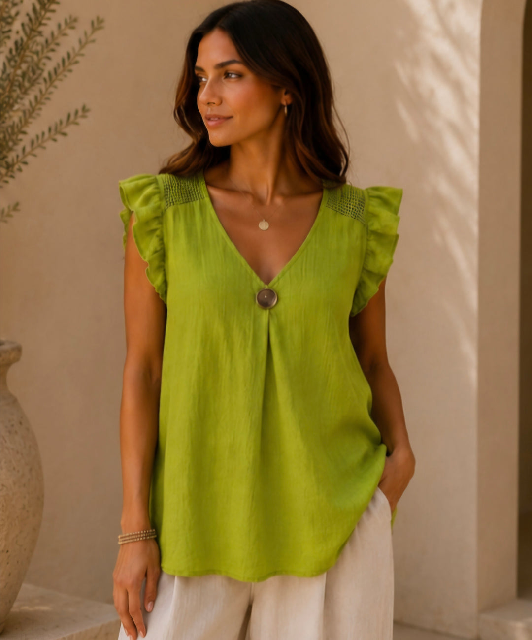Tuscany Frilled Top with Mesh Shoulders (One Size, fits up to Size 16) - Olive Green