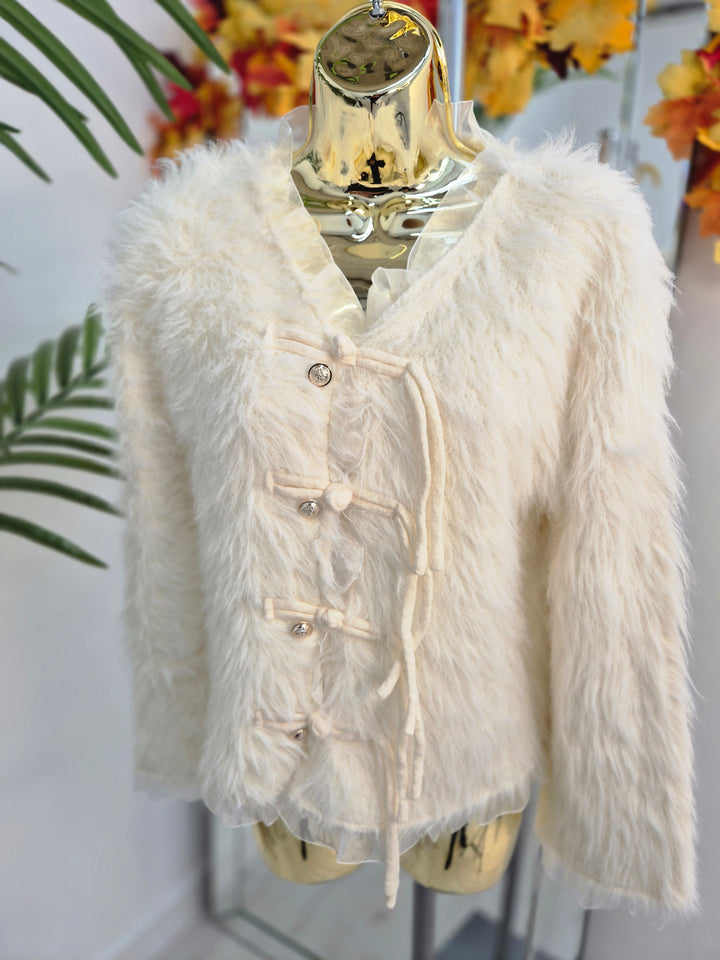 Oslo Fluffy Baroque Buttoned Cardigan - Cream (One Size, fitting from Size 10 up to Size 16)