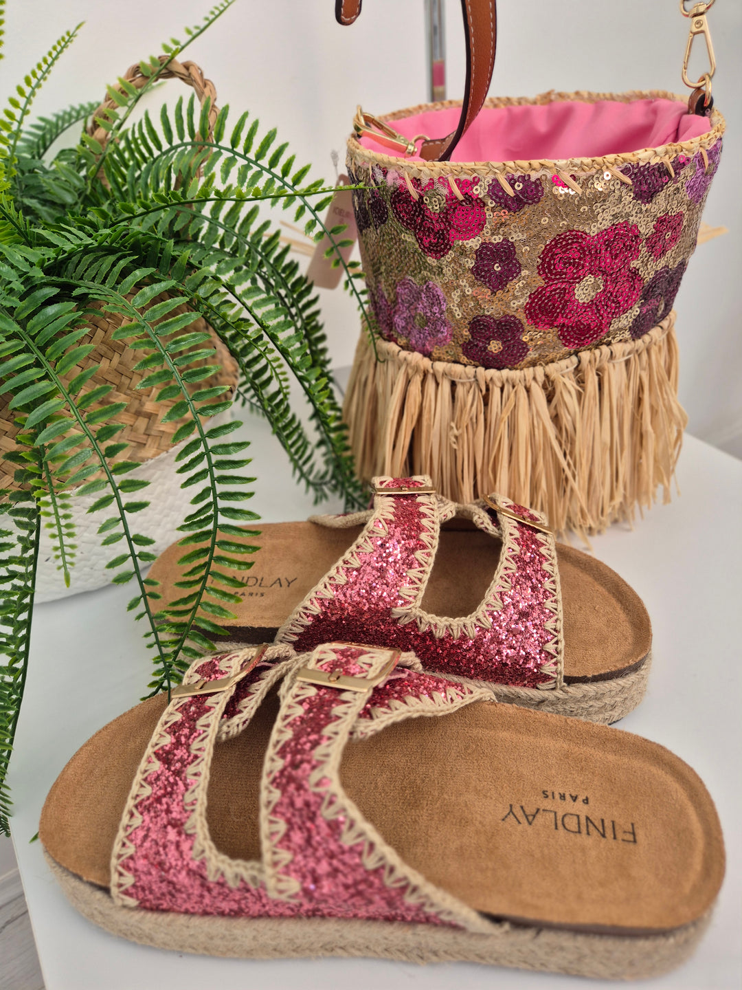 Sequin Straw Bag with Long Adjustable Strap - Pink Multi Sequins