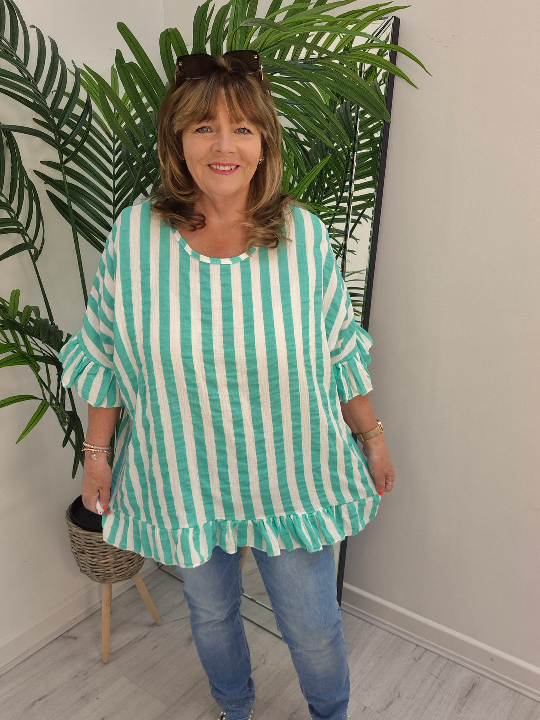 Candy Striped Top with Frilled Sleeves - (choose your Colour) - (Oversized)