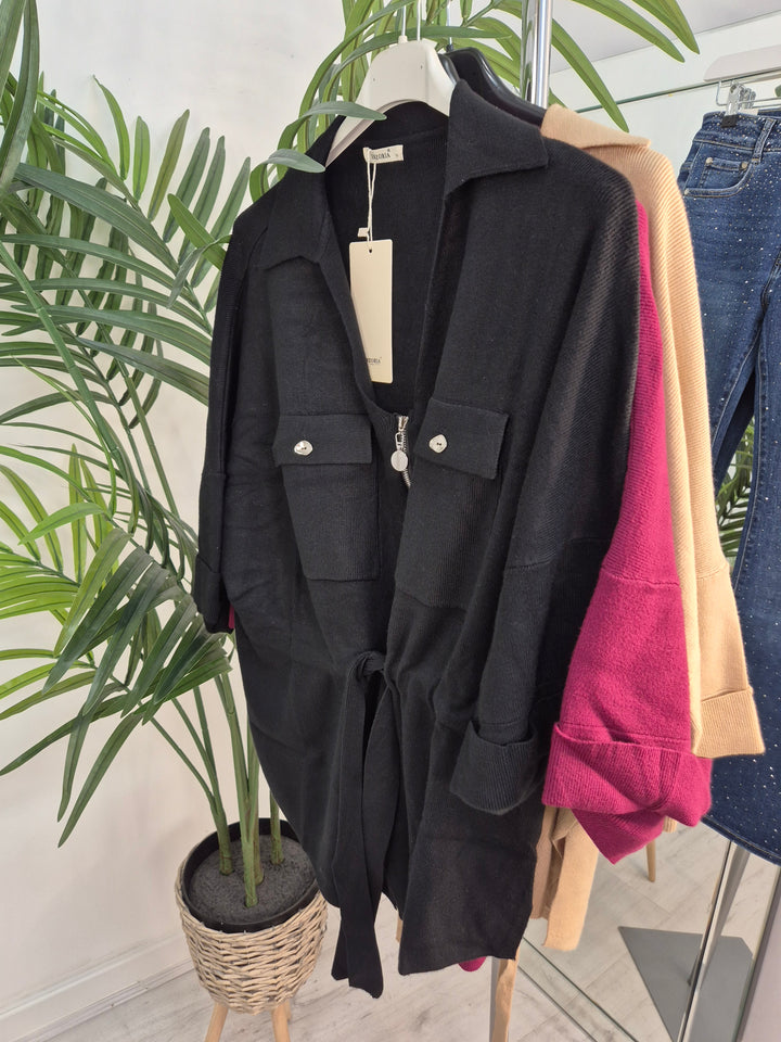 Danni Drawstring Cardigan - Black - (One Size/Curvy - fits up to Size 18/20)