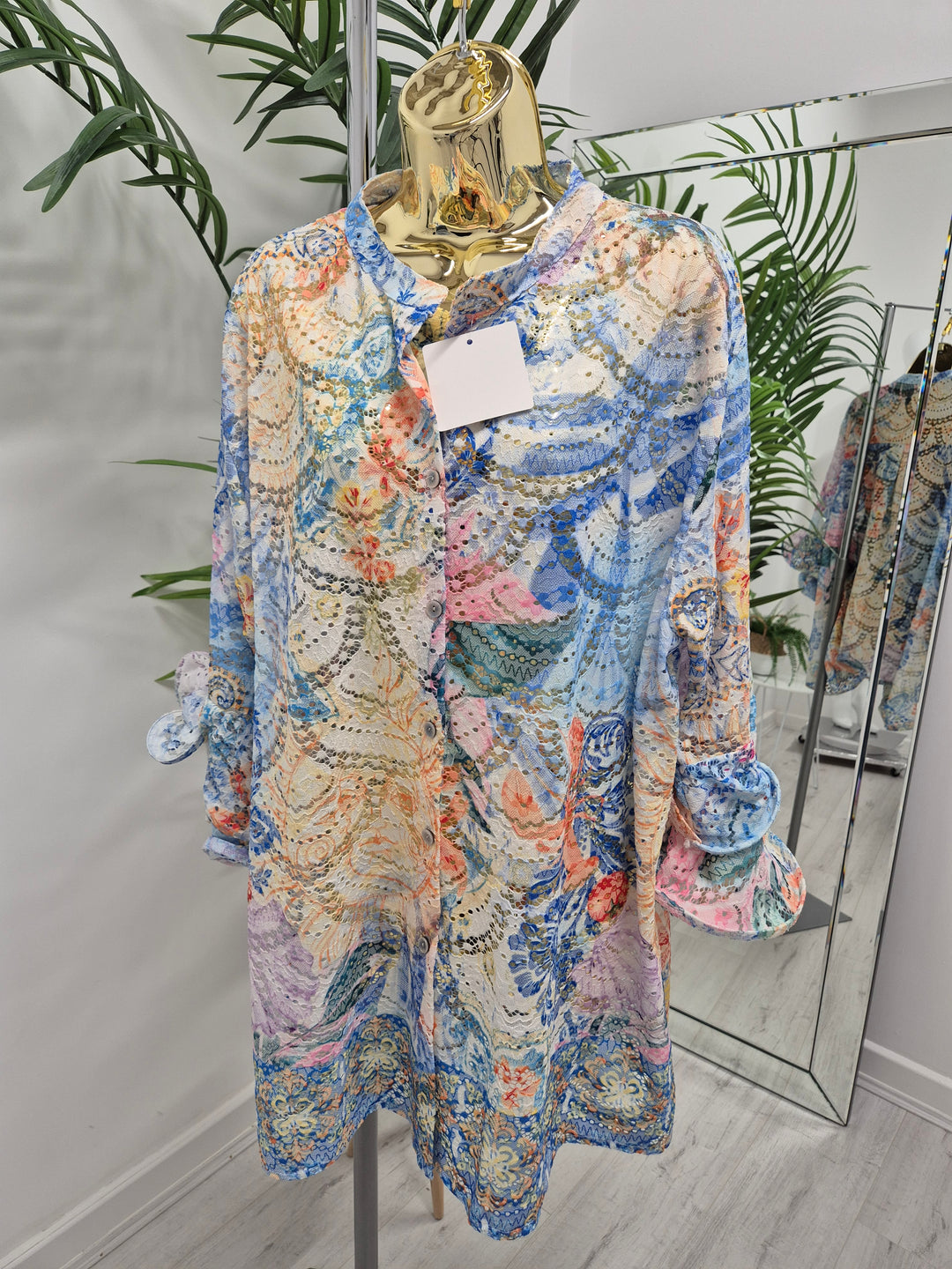 Alba Floral Double Fluted Sleeve Top - Blue/Pink (Oversized, fitting from Size 14 up to Size 20)