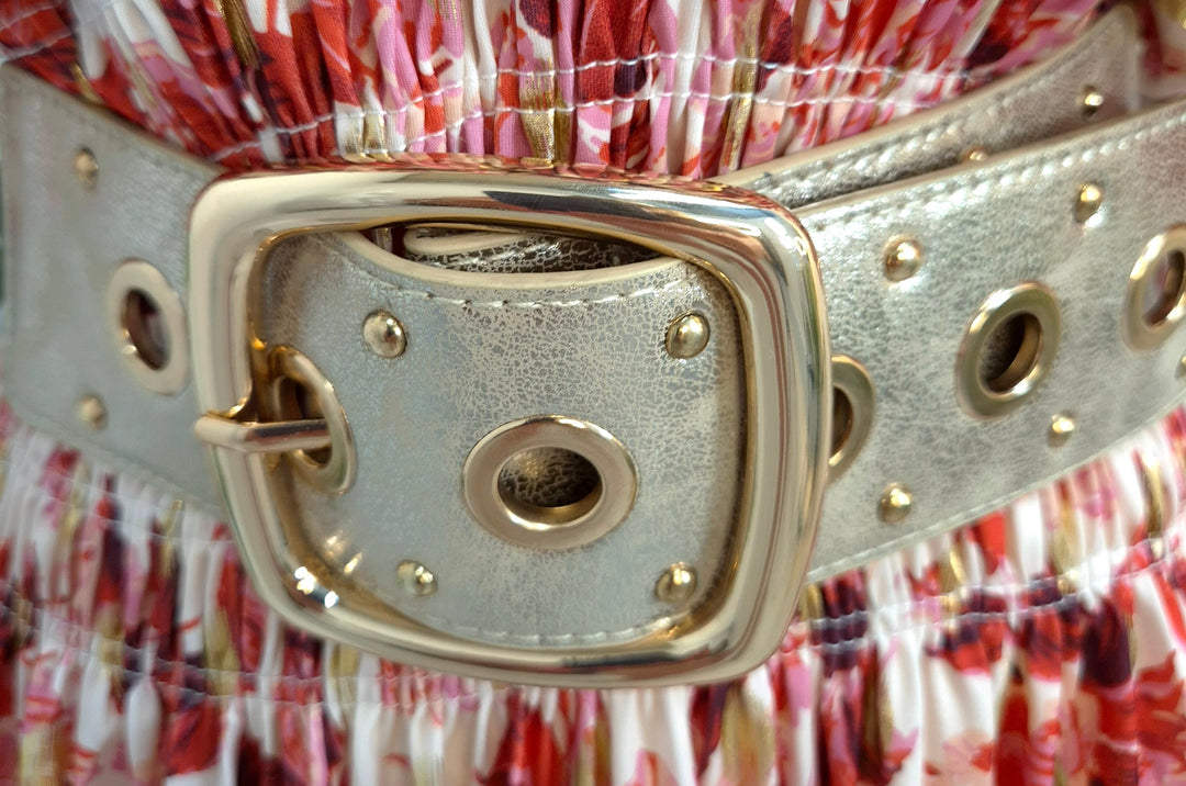 Stretchy Belt with Large Buckle - Gold/Beige
