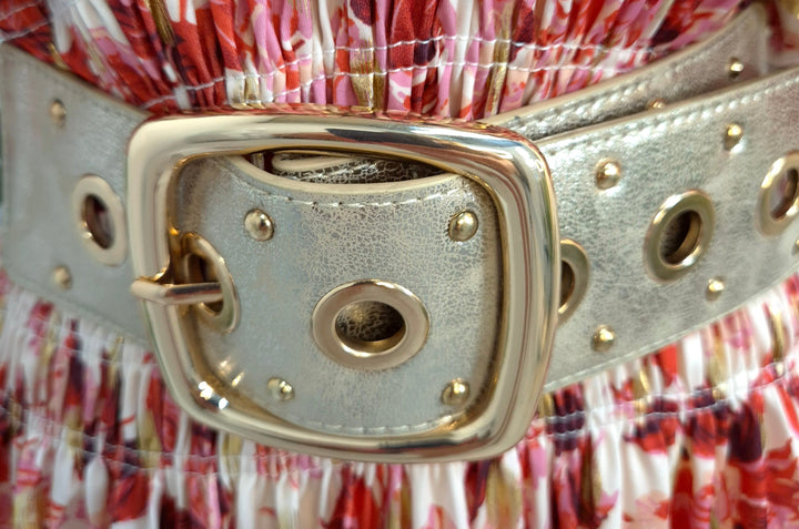 Stretchy Belt with Large Buckle - Gold/Beige