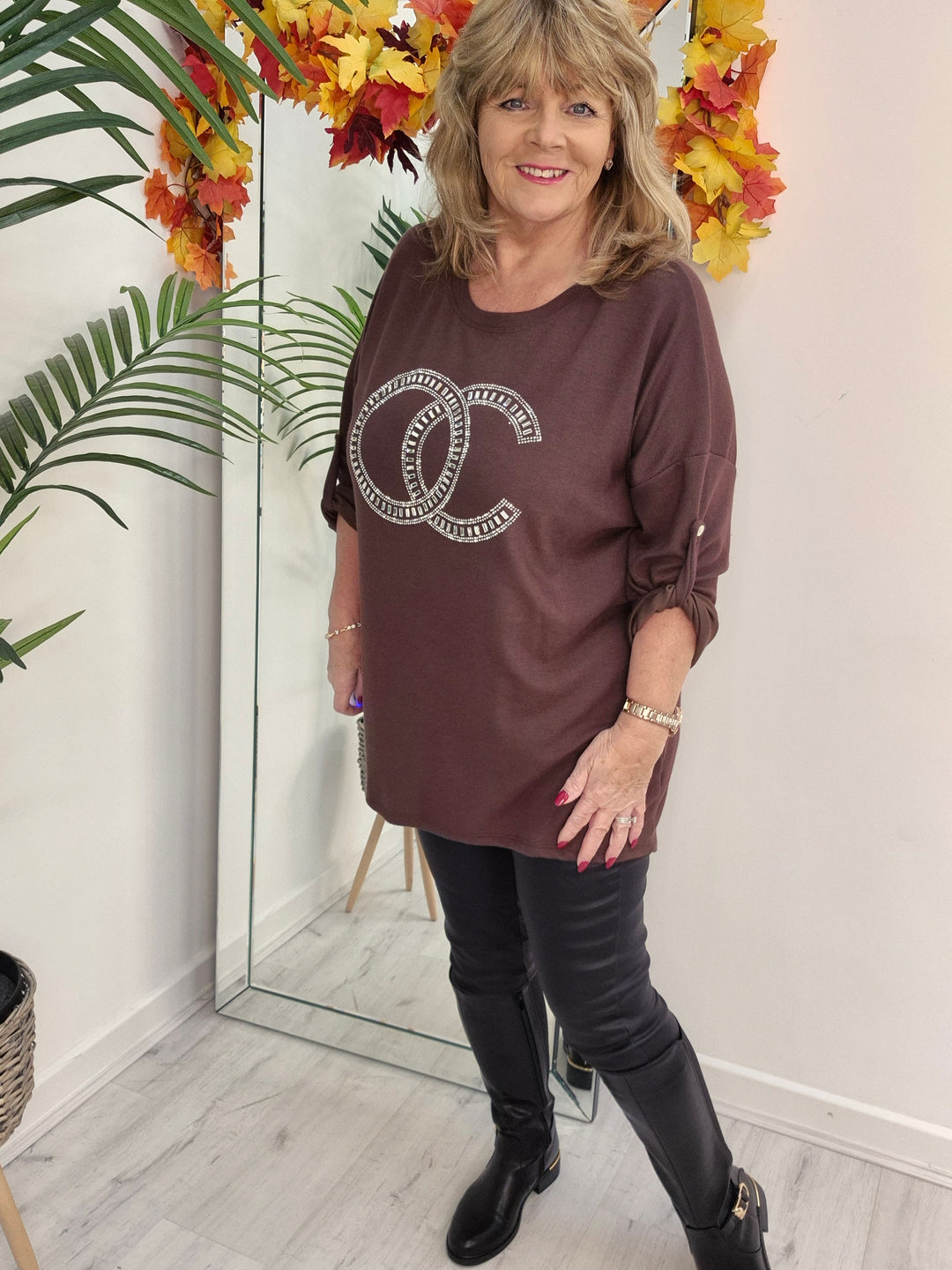 Coco Crystal & Diamante Oversized Hi Low Tops - Chocolate (fits from Size 14 up to Size 18/20)