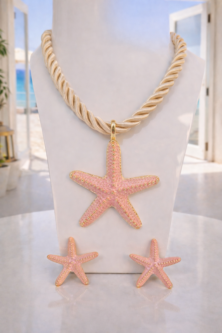 Starfish Necklace & Earrings Set (Gold Tone) - Pink