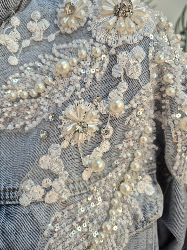 Angelica Crystal & Pearl Denim Jacket - Stonewashed (Oversized)