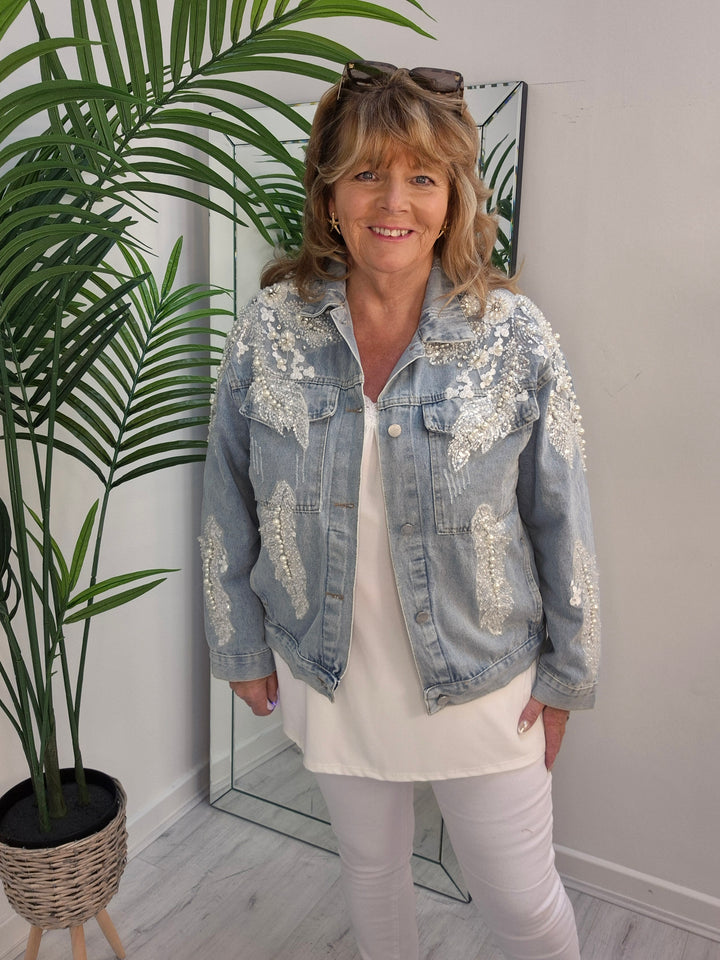 Angelica Crystal & Pearl Denim Jacket - Stonewashed (Oversized)