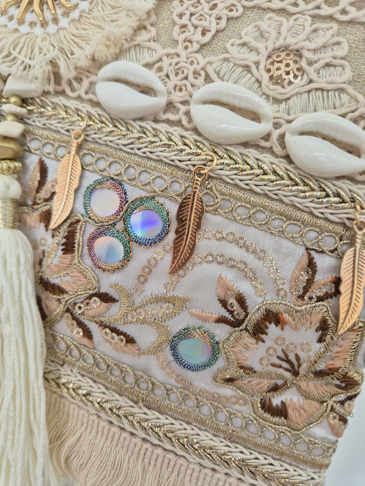Seashells, Sun, Tassels Clutch Bag - Natural