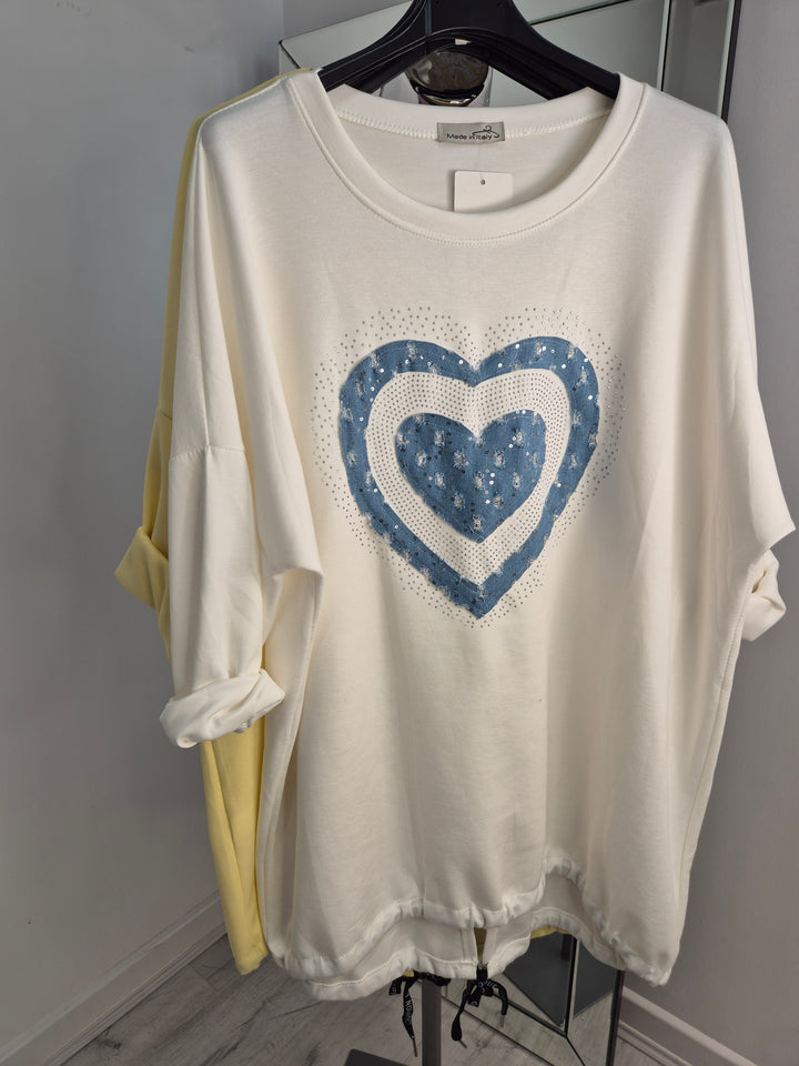 Hannah Hearts Slouchy Top - White/Blue (Oversized fitting from Size 14 up to Size 18/20)