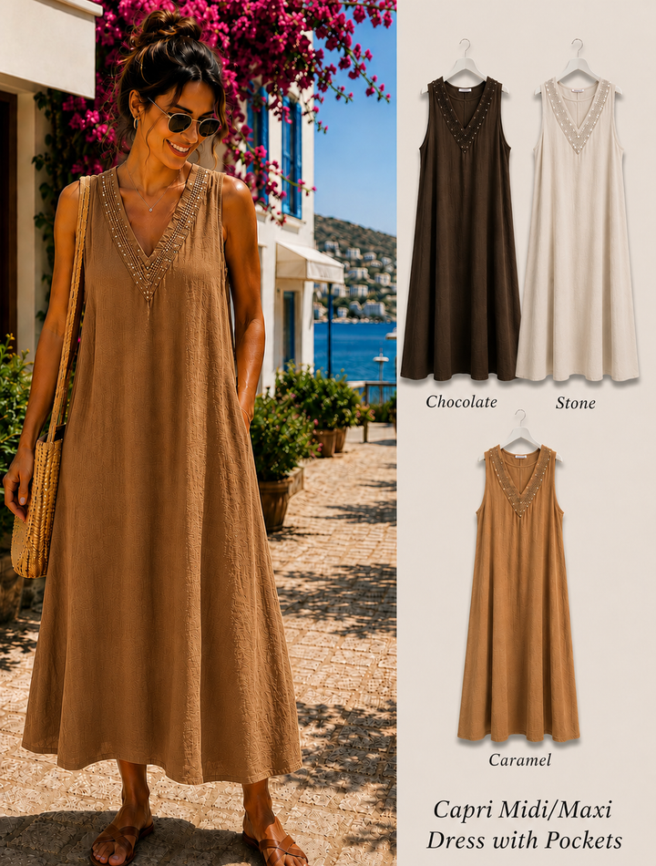 Capri Midi/Maxi Dress with Sparkly V Neck - (choose your Colour) - One Size, fits from Size 12 up to Size 16