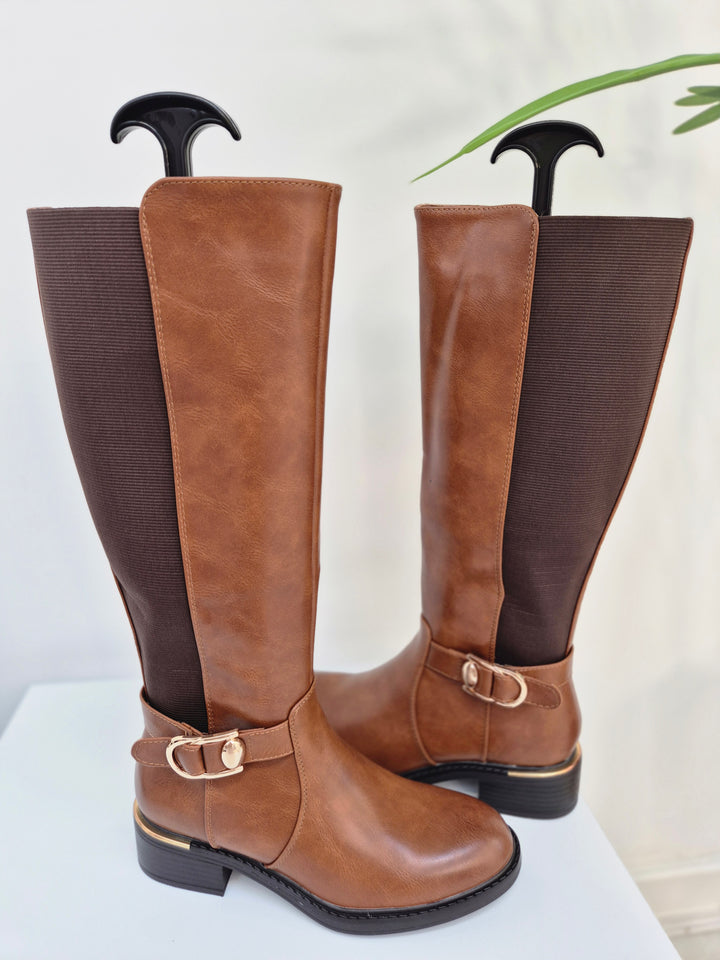 Boston Riding Boots with Elasticated Stretchy Back - Tan/Chocolate