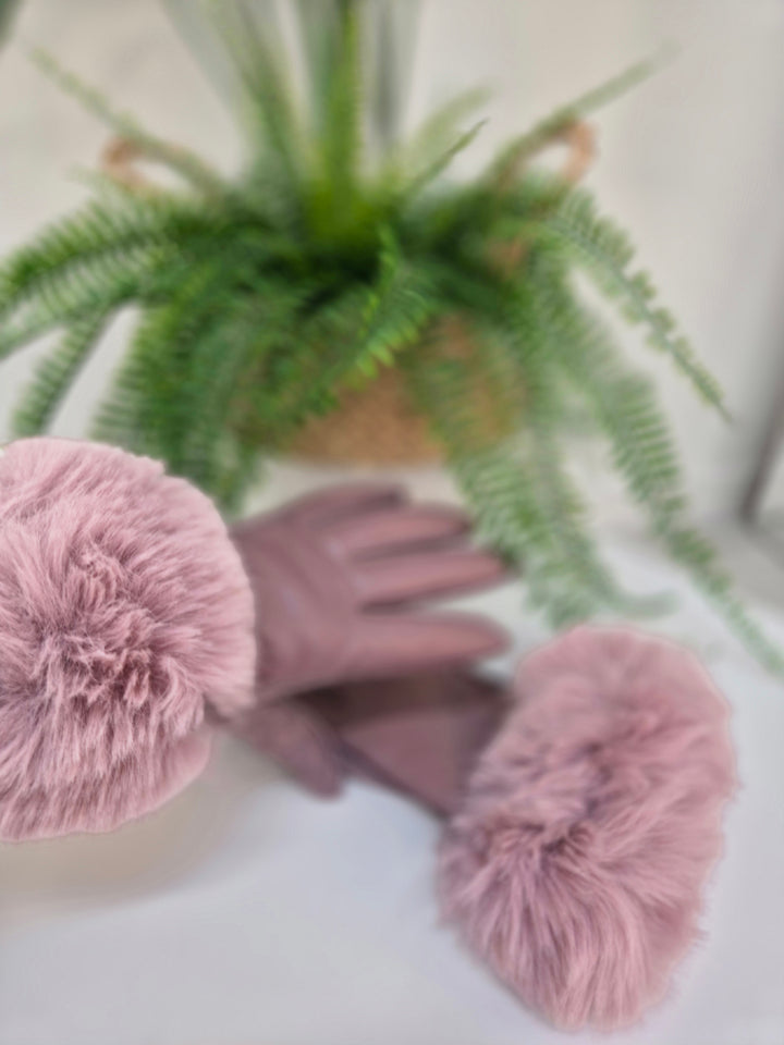Oslo Gloves with Faux Leather & Faux Fur - Dusky Pink
