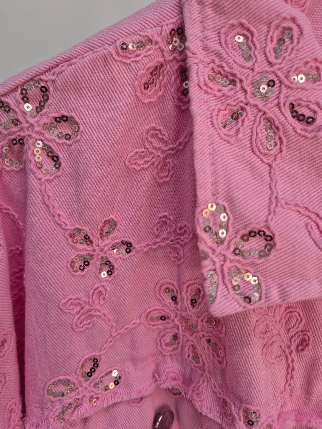 Dana Floral Sparkly Denim Shacket - Pink (One Size/Curvy, fitting from Size 10/12 up to Size 18)  PRE-ORDER FOR DELIVERY MONDAY 2ND MARCH