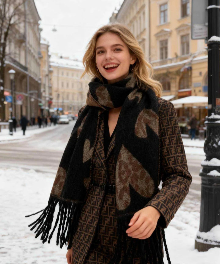 Hearts Oversized Blanket Super Soft Scarf - Black/Chocolate