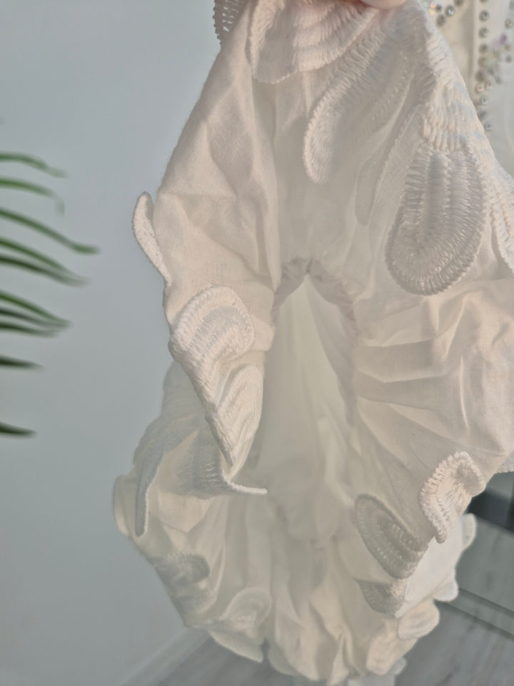 Crystal Floral Blouse with Puff Ball Sleeves - (One Size, fits up to Size 16) - White