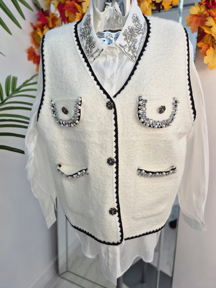 Coco Pearl & Crystals Waistcoat - (One Size, fits from Size 8/10 up to Size 14) - Black/Winter White