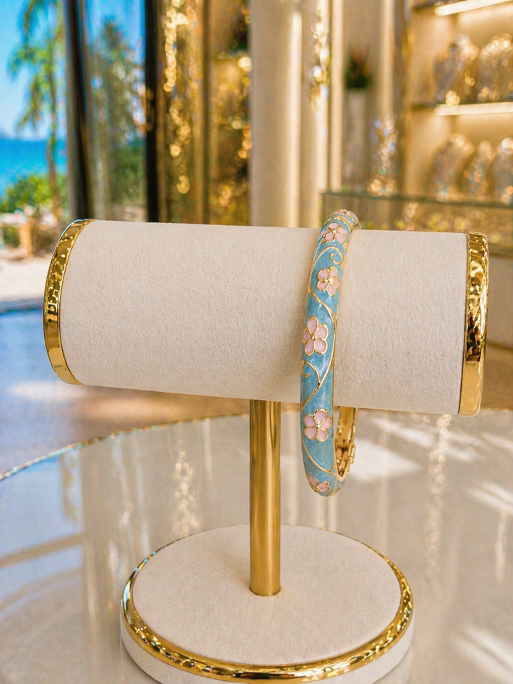 Flower Bangles - Pale Blue with Pale Pink Flowers - Gold Tone