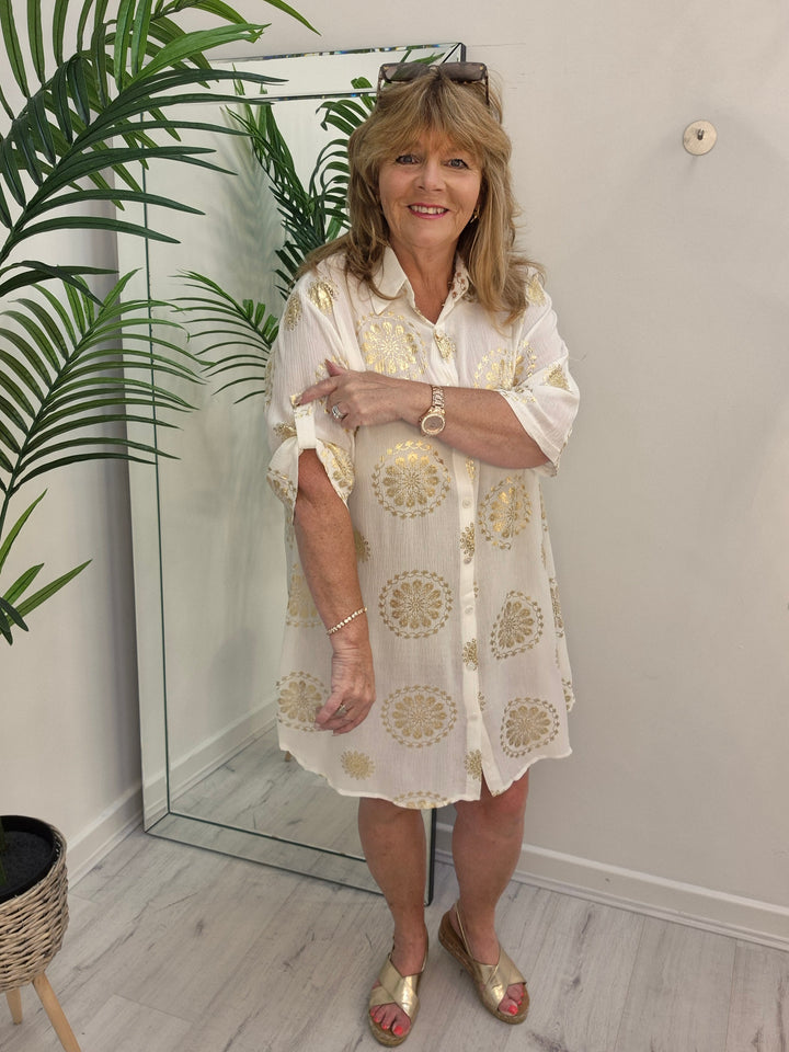 Ibiza Floral Shirt Dress with Collar - White/Gold (Loose Fit)