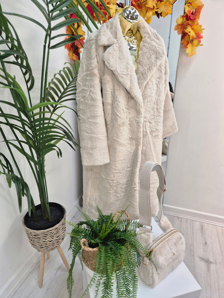 Oslo Faux Fur Longline Coat - Cream (choose your Size)