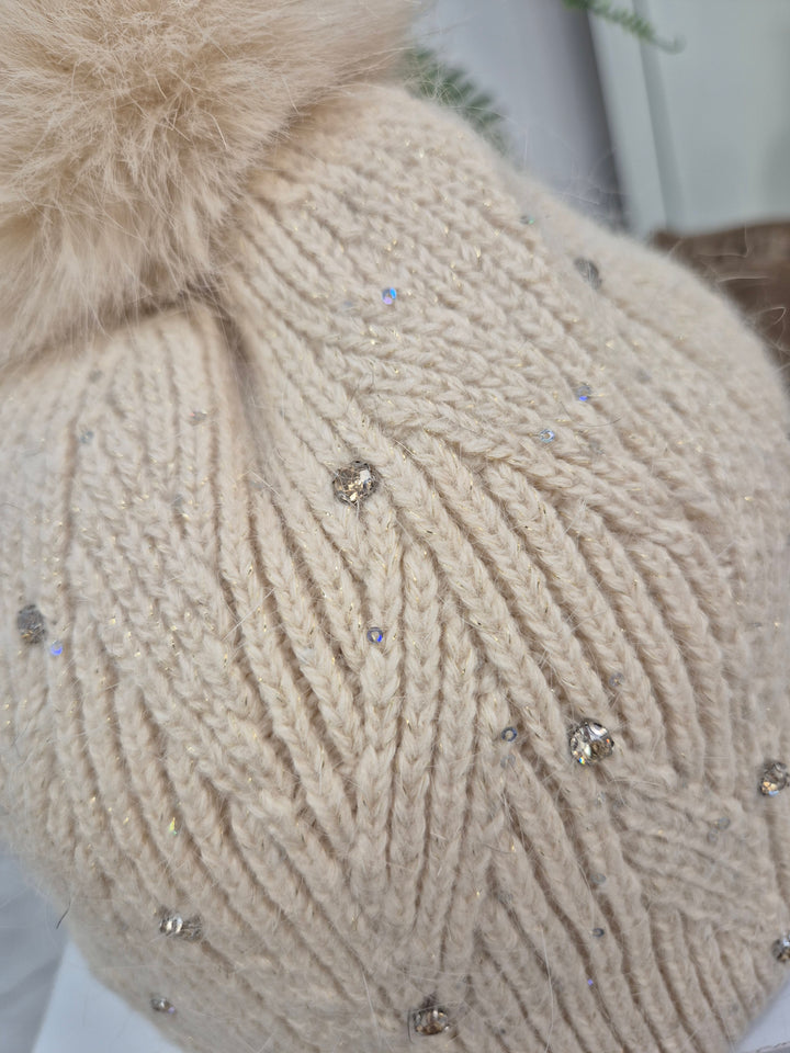 Oslo Fur Fur Pom Pom Hat with Crystals & Metallic Thread - Cream