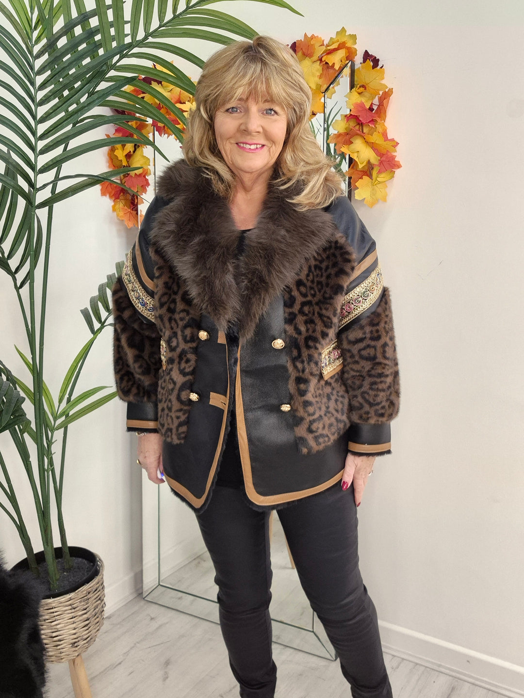 Oslo Faux Fur/Faux Leather Jacket - Chocolate Leopard - (Oversized fits Size 14 to Size 16/18)