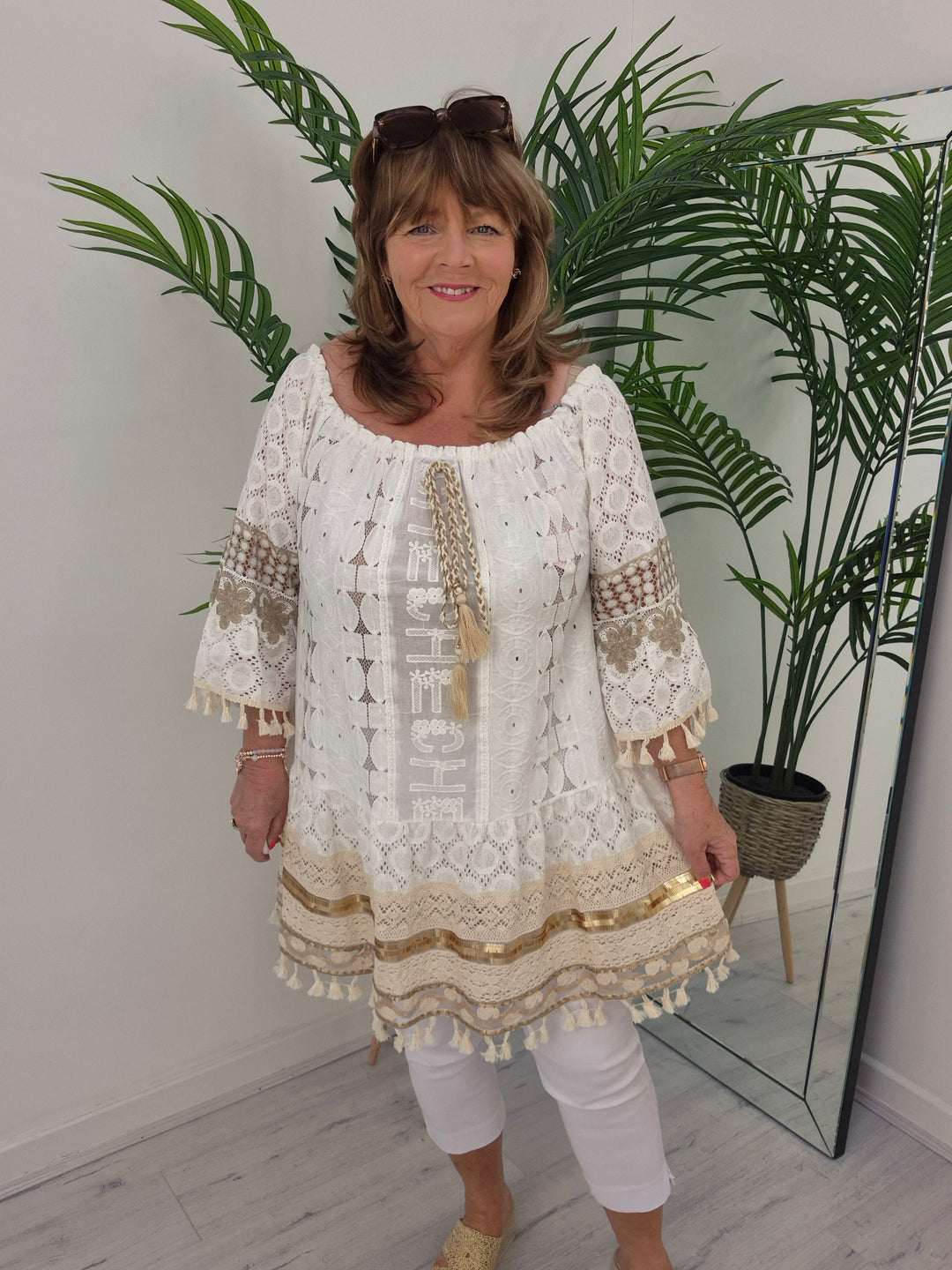 Ibiza Bardot Kaftan/Beach Dress - White/Gold - (Oversized)