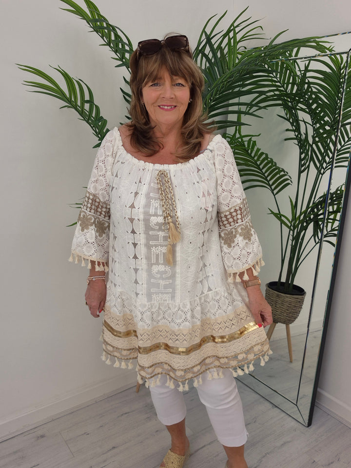 Ibiza Bardot Kaftan/Beach Dress - White/Gold - (Oversized)