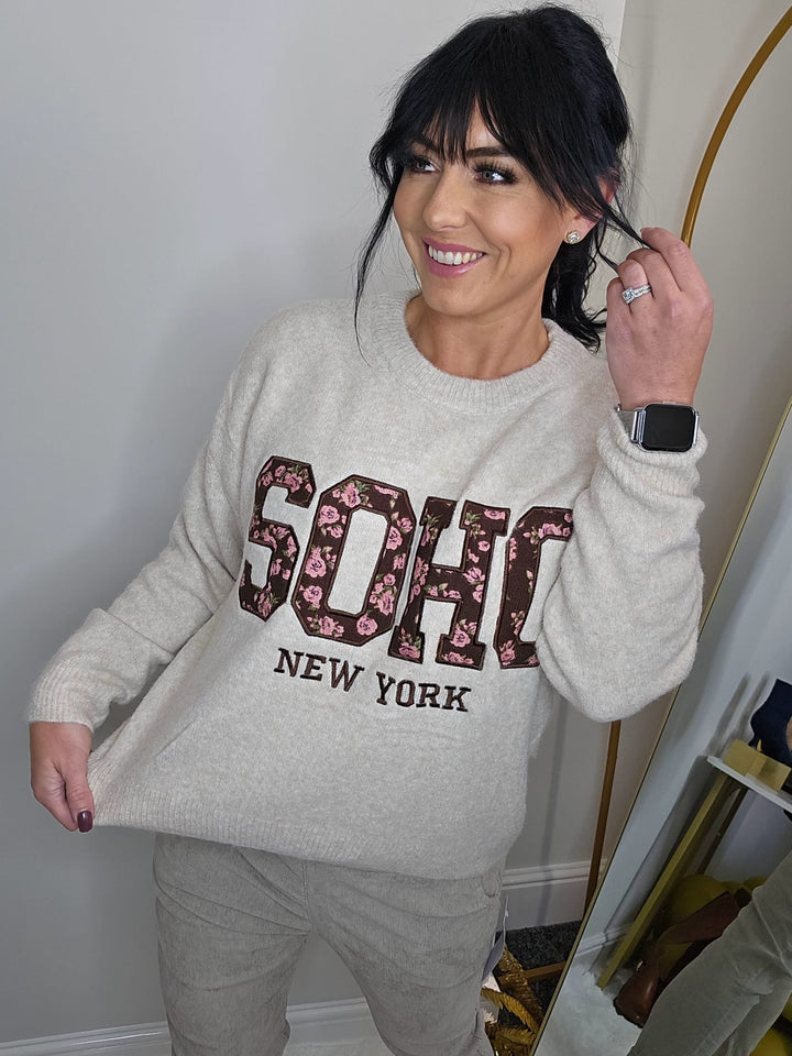 Soho Floral Super Soft Jumper - Oatmeal (One Size, fits from Size 8 up to Size 16)