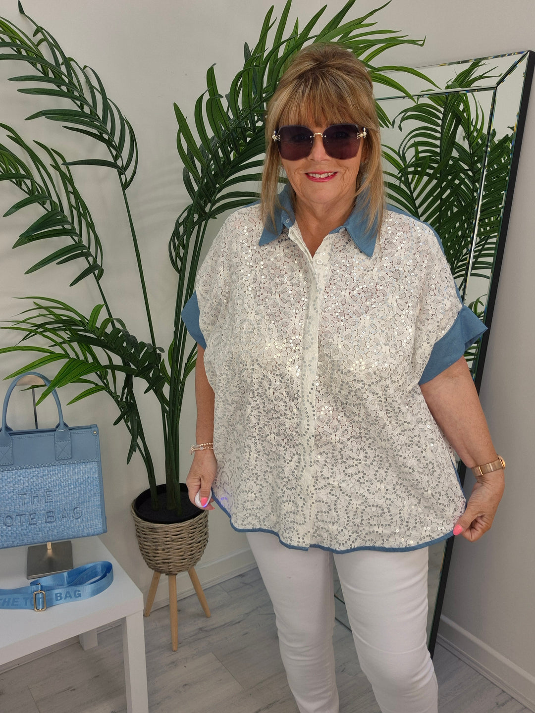 Zeta Otto Sequin Blouse - White/Blue Denim (Curvy)