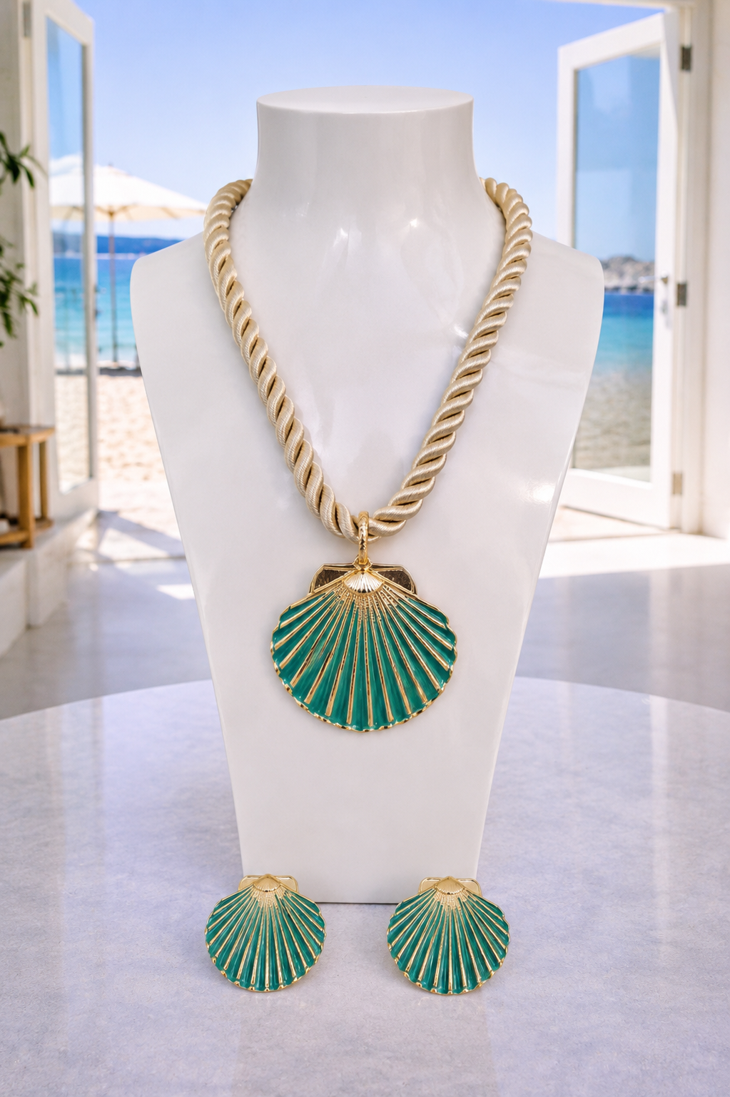 Shell Necklace & Earrings Set (Gold Tone) - Green