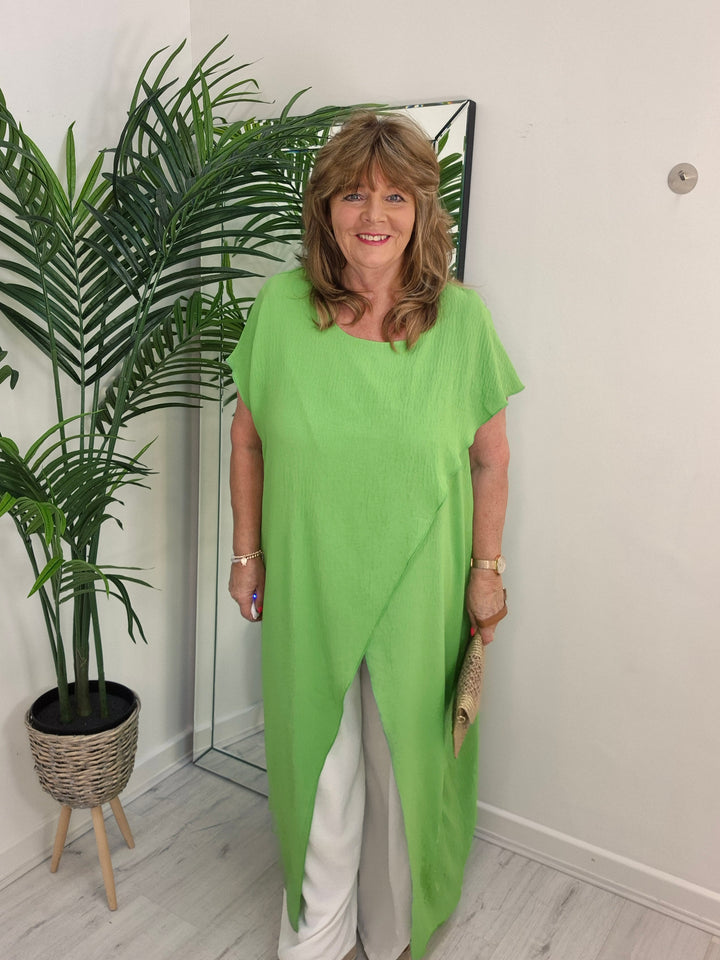 Sassi Crossover Longline Tunic & Wide Leg Pants Co-ord Set  - Lime/White