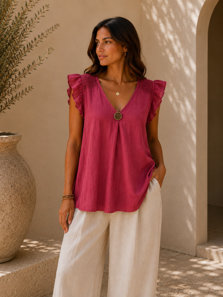 Tuscany Frilled Top with Mesh Shoulders (One Size, fits up to Size 16) - Berry