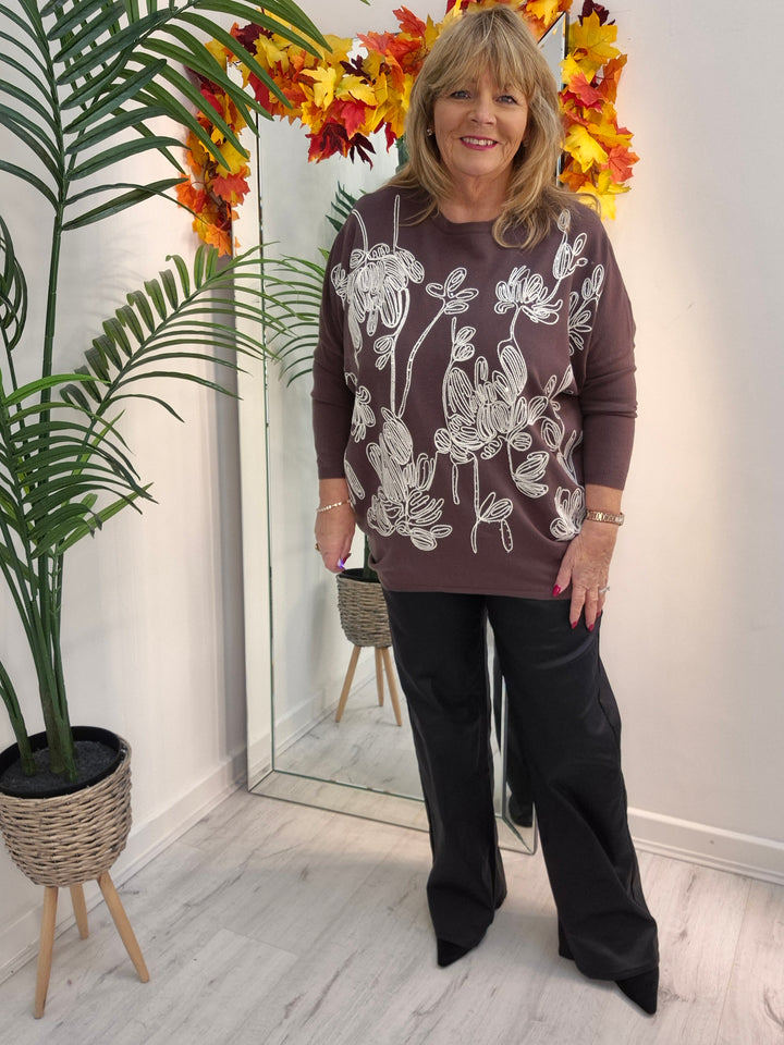 Eva Embroidered Sparkle Jumper - Chocolate (fitting from Size 14 up to Size 18/20)