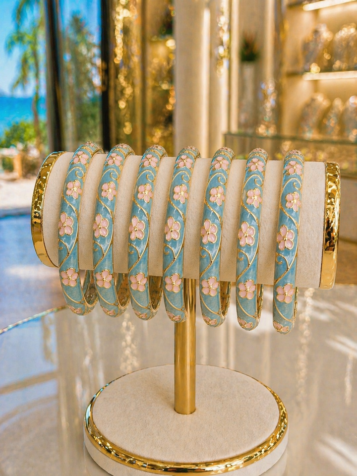 Flower Bangles - Pale Blue with Pale Pink Flowers - Gold Tone