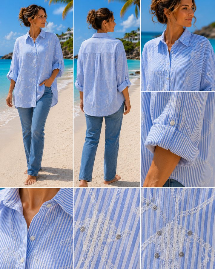 Pin Stripe Embroidered Blouse with Silver Metallic Thread (Oversized, fits from Size 16 up to Size 20) - Blue/White