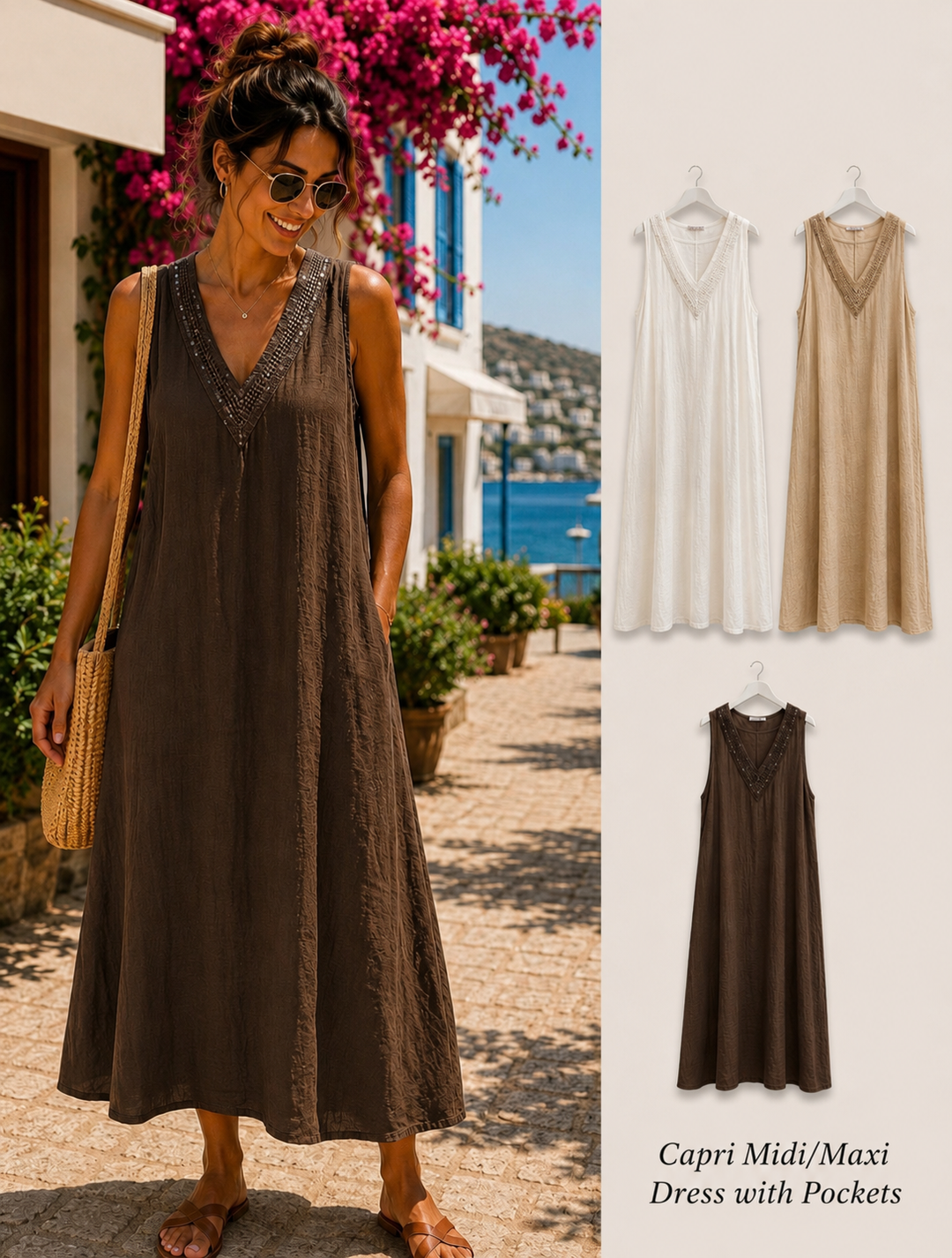 Capri Midi/Maxi Dress with Sparkly V Neck - (choose your Colour) - One Size, fits from Size 12 up to Size 16