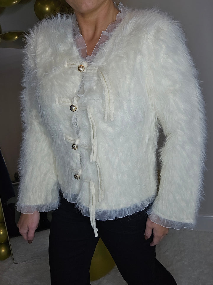 Oslo Fluffy Baroque Buttoned Cardigan - Cream (One Size, fitting from Size 10 up to Size 16)