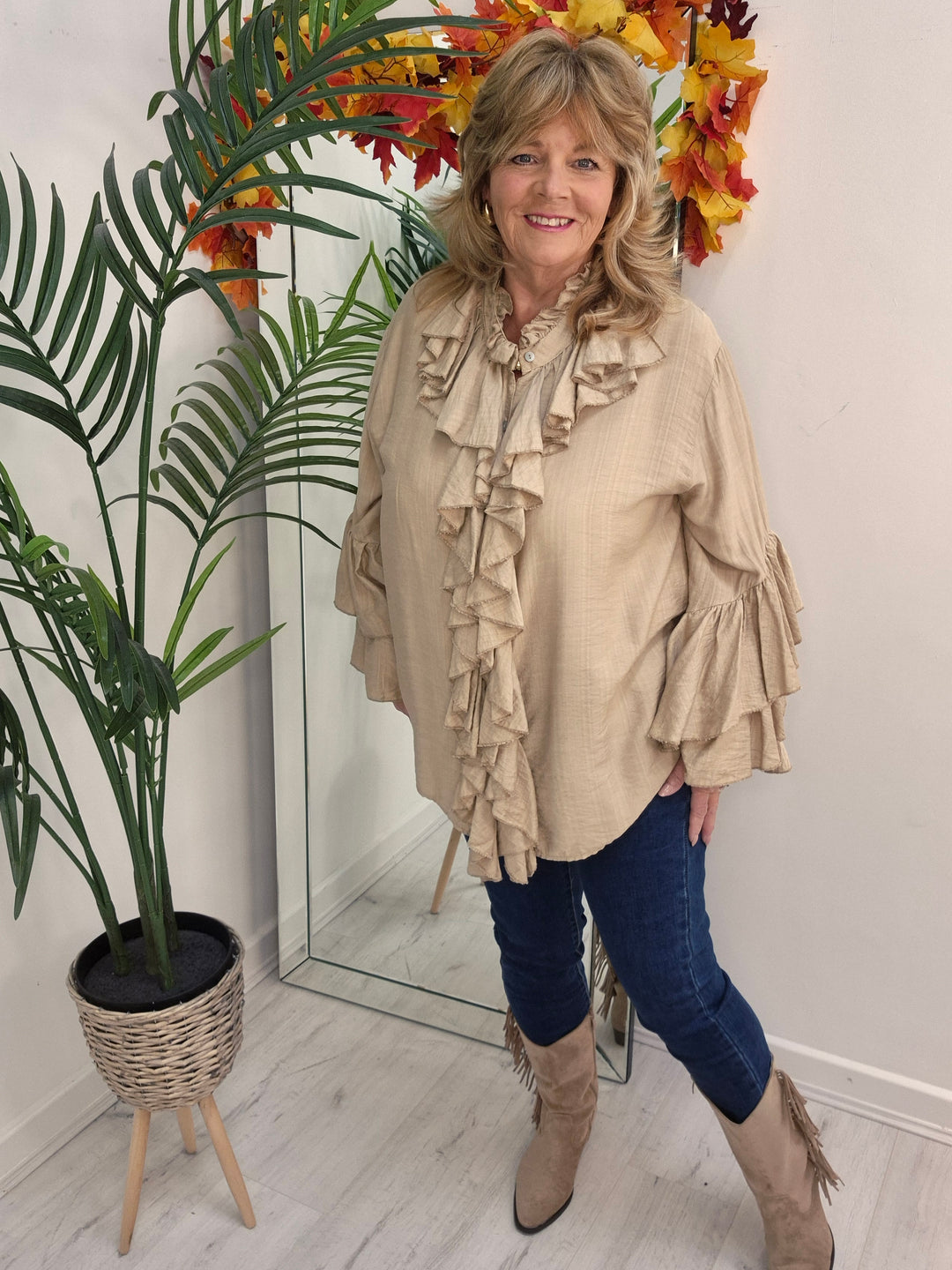 Rhea Ruffle Blouse - (One Size, fits from Size 14 up to Size 18/20) - Champagne